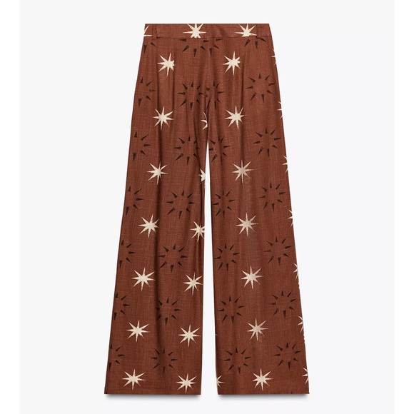 ZARA SUN PRINT BOHO LINEN BROWN WIDE LEG PANTS XS NWT - Picture 5 of 16